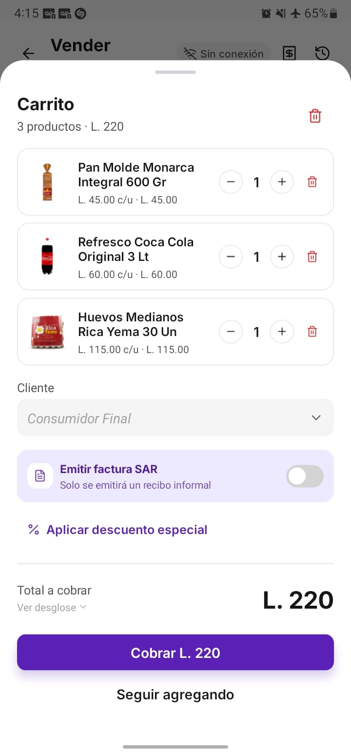 Punto de venta de Caprolis en el celular, cobrando una venta en lempiras
